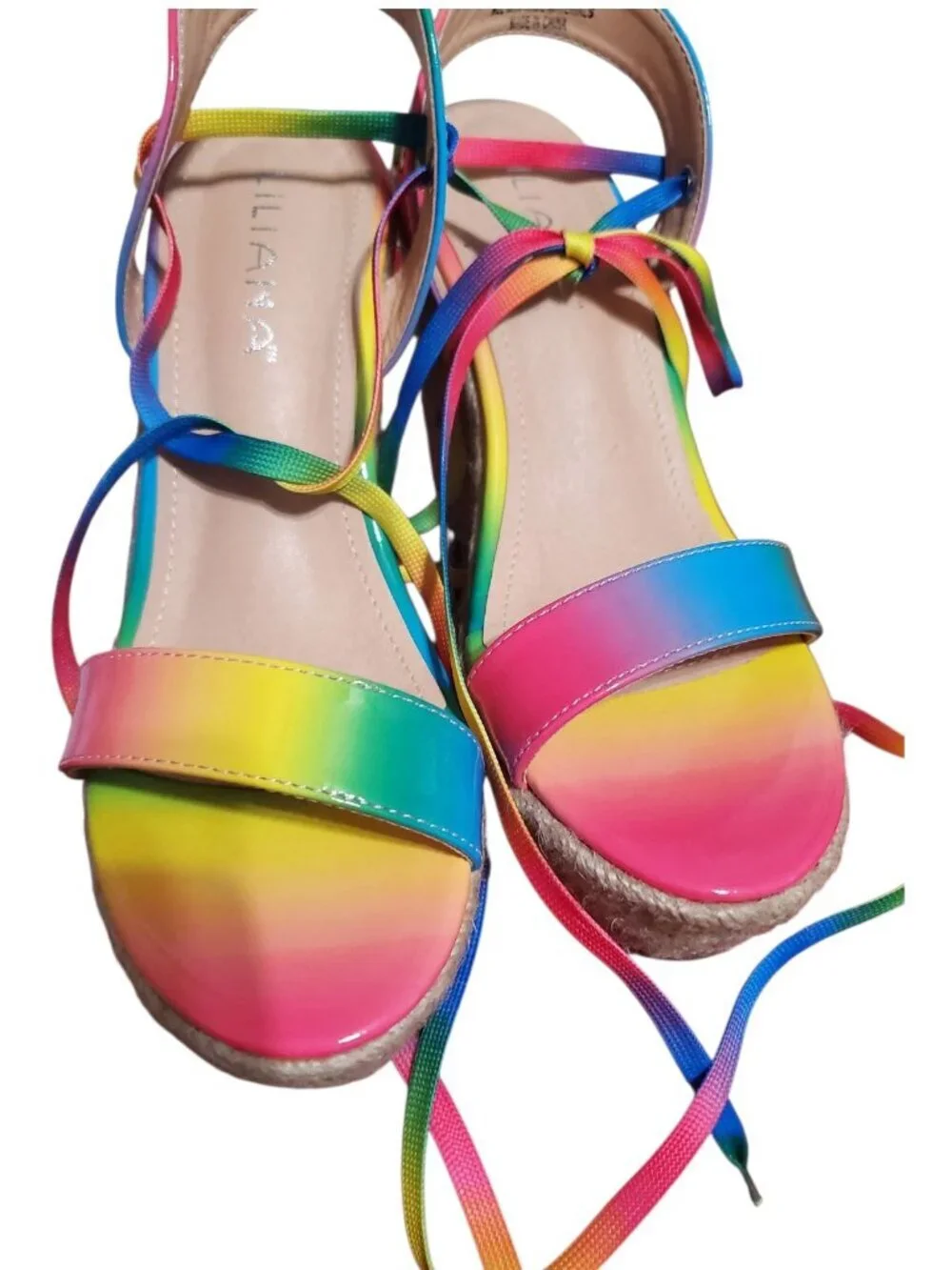 Liliana Emilia 3 Rainbow Espadrille Wedge Sandals With Tie-Up Straps Multicolor